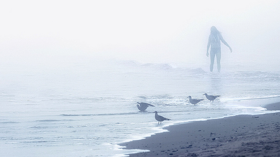 ghostly beach with woman walking