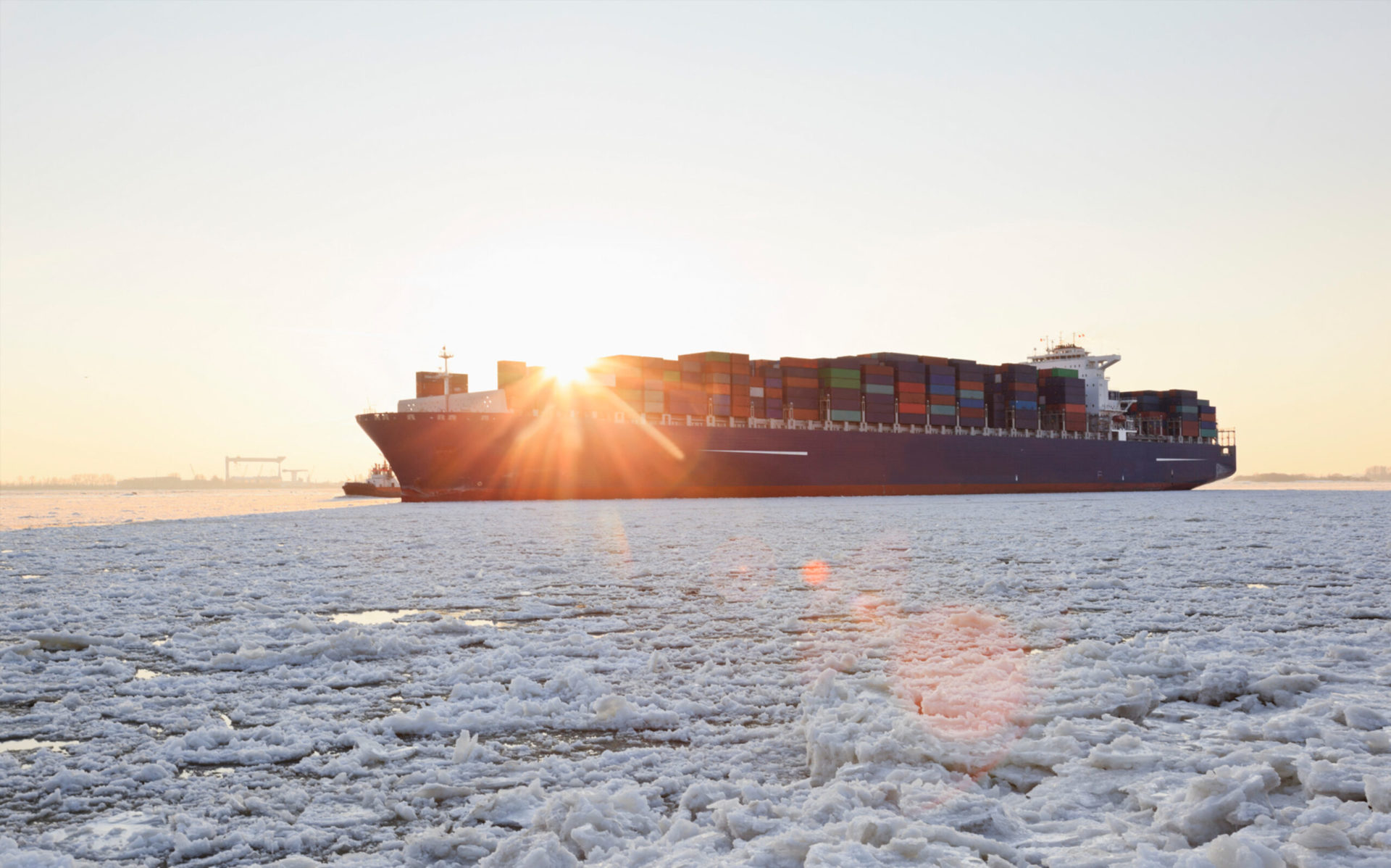 Container ship on sea ice.