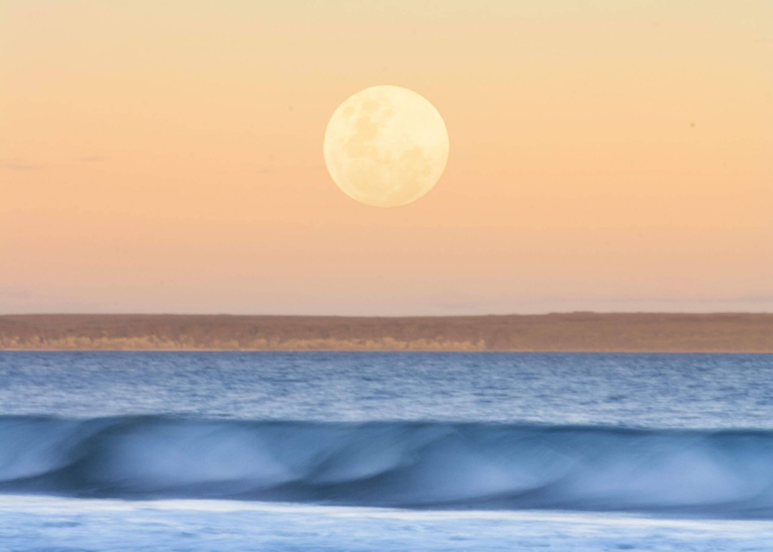 The nearly full moon rising over Jervis Bay, Australia, in golden hour.
