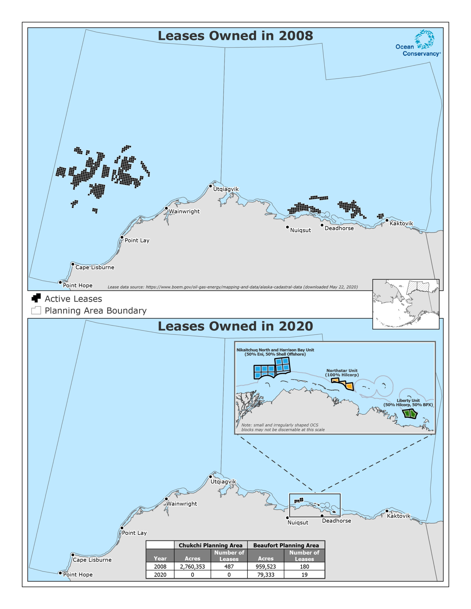 Map of Beaufort and Chukchi BOEM Leases