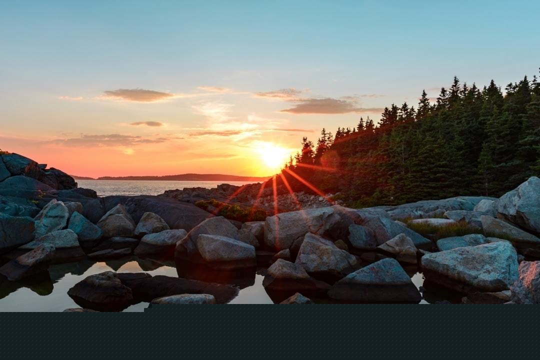 Sun setting over open water with rocks in the foreground and trees in the distance.