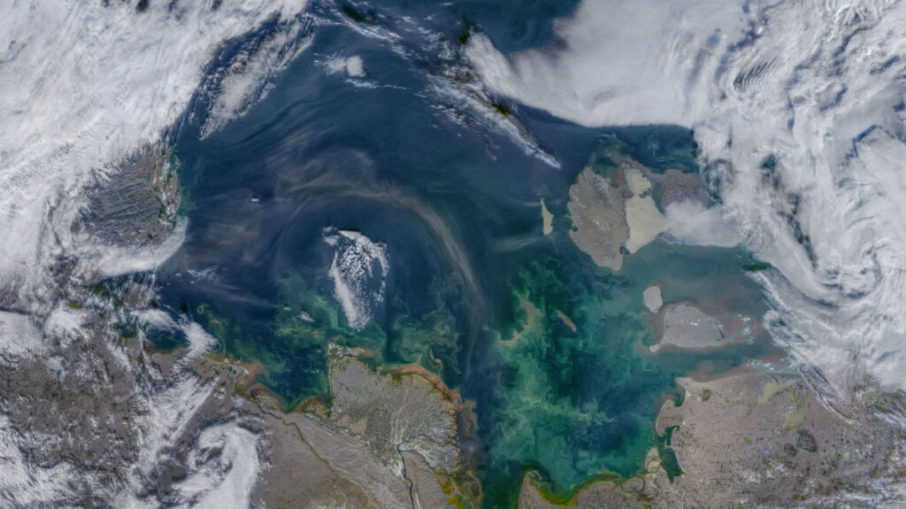 An aerial view of the Laptev Sea, with little sea ice.