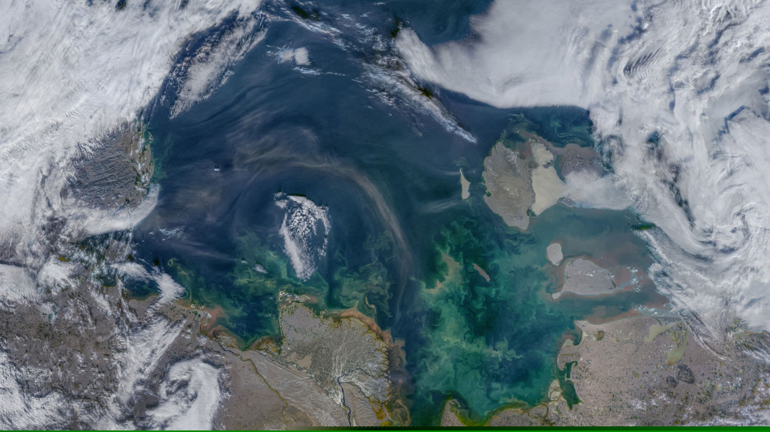 An aerial view of the Laptev Sea, with little sea ice.