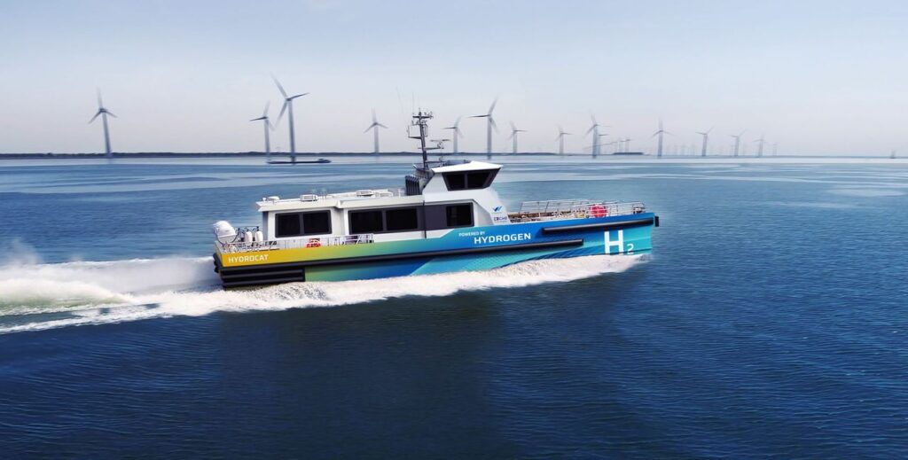 A hydrogen-powered crew transfer vessel (CTV) by Compagnie Maritime Belge (CMB).