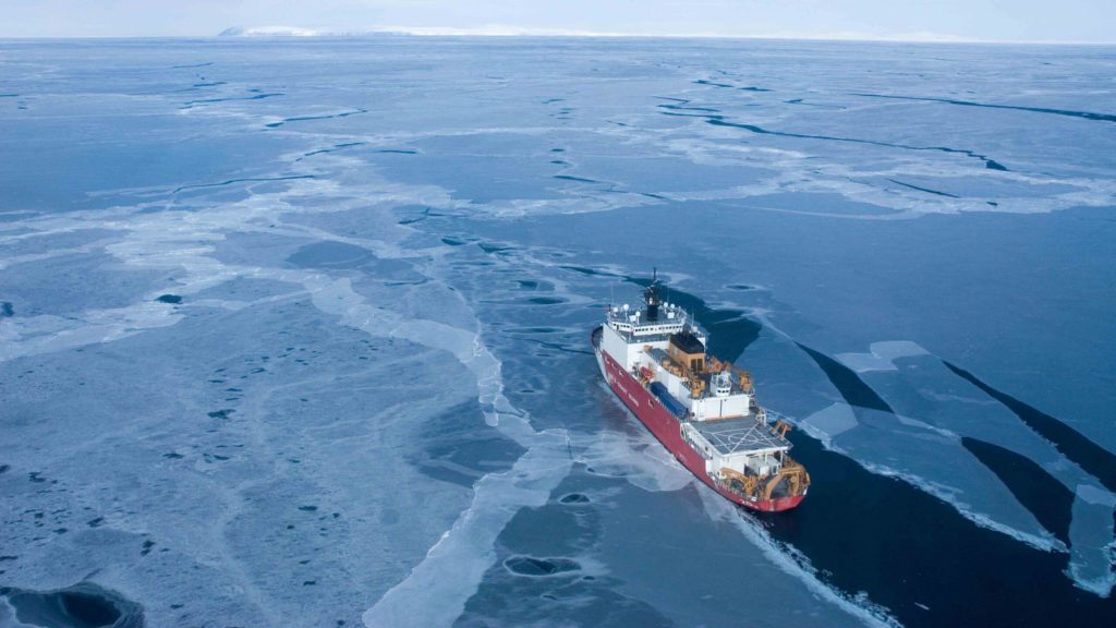 US Coast Guard Icebreaker approaches St. Lawrence Island during a scientific expedition to study global.